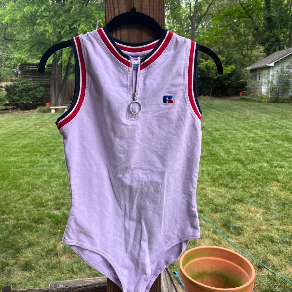 Vintage Russell Athletic Lavender Sleeveless Zip Bodysuit with Red & Navy Trim